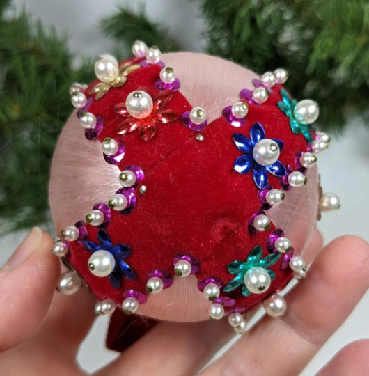 Vintage Pink Beaded Pushpin Christmas Ornament