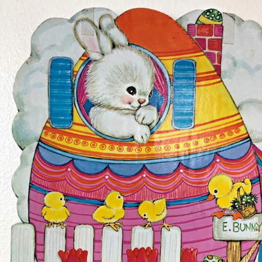 Vintage 1970s Wooden Die Cut Easter Wall Hanging Cute Rabbit in Colorful Egg Shaped House