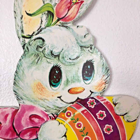 Vintage 1960s Wooden Die Cut Easter Rabbit with Egg Wall Hanging