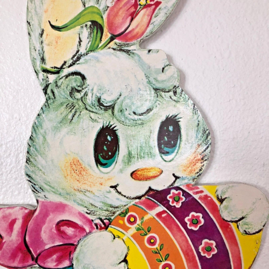 Vintage 1960s Wooden Die Cut Easter Rabbit with Egg Wall Hanging