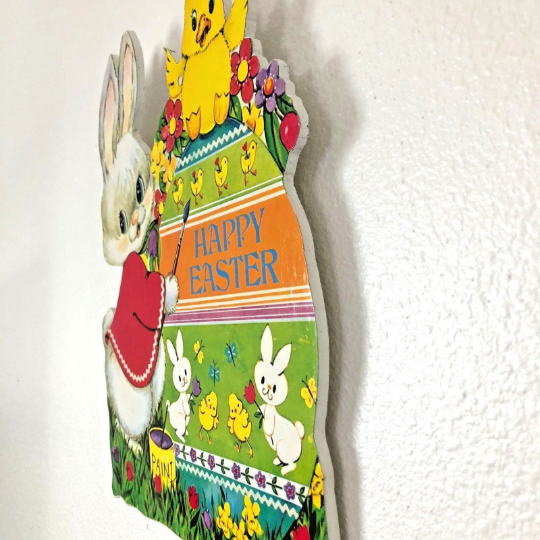 Vintage 1960s Wooden Die Cut Easter Wall Hanging for Child Friendly Easter Decoration