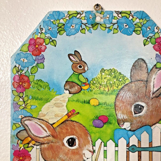 Vintage 1980s Wooden Die Cut Easter Rabbit Wall Hanging