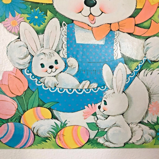 Vintage 1970s Wooden Die Cut Easter Bunnies Wall Hanging