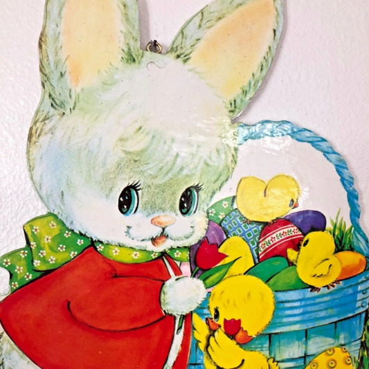 Vintage 1960s Wooden Die Cut Easter Basket Wall Hanging