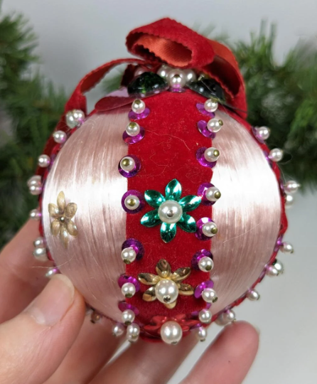 Vintage Pink Beaded Pushpin Christmas Ornament