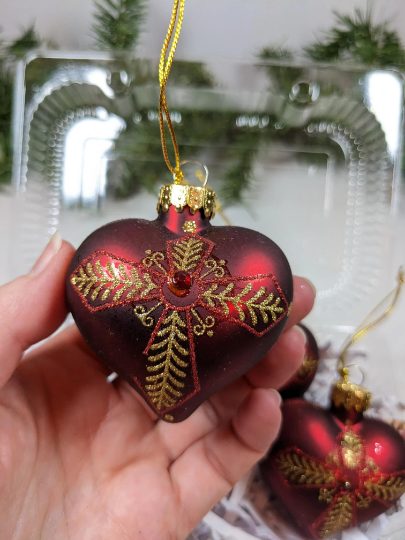 Vintage Red Heart Glass Christmas Ornaments