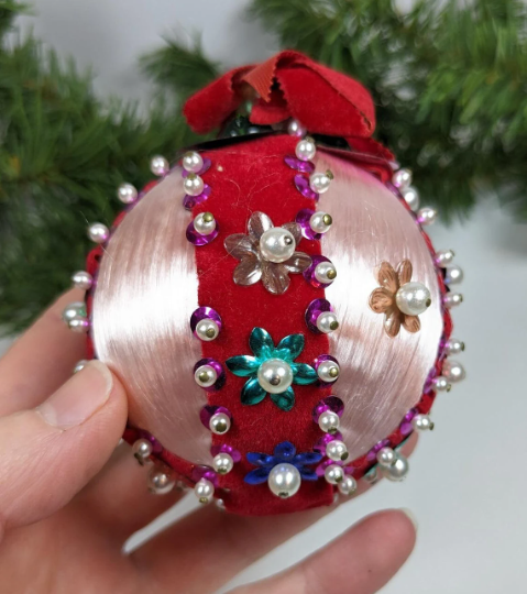 Vintage Pink Beaded Pushpin Christmas Ornament