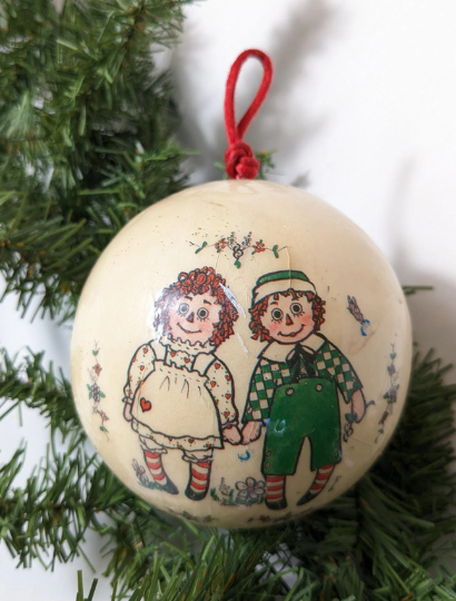 Vintage 1977 Memory Balls Decoupage Raggedy Ann and Andy Christmas Ornament