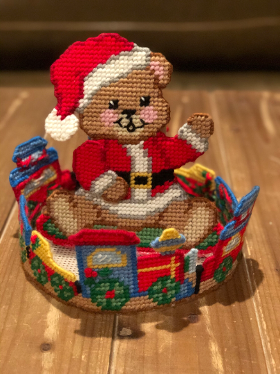 Vintage Handmade Needlepoint Christmas Teddy Bear Centerpiece