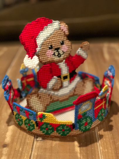Vintage Handmade Needlepoint Christmas Teddy Bear Centerpiece
