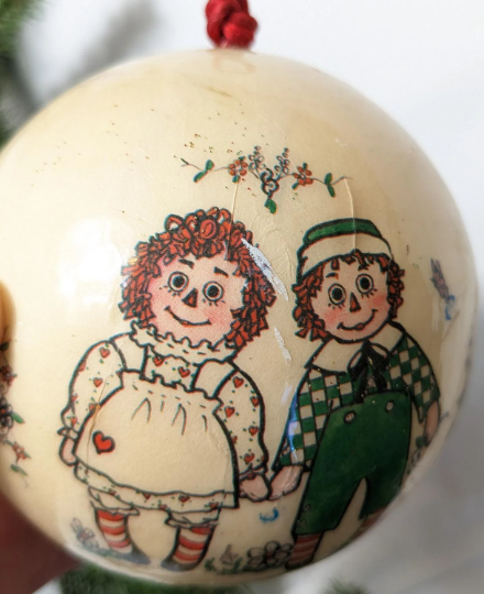 Vintage 1977 Memory Balls Decoupage Raggedy Ann and Andy Christmas Ornament