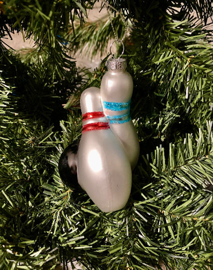 Bowling Pins and Ball Glass Christmas Ornament