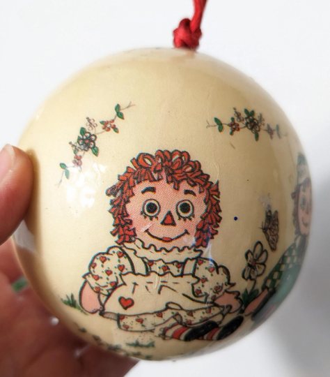 Vintage 1977 Memory Balls Decoupage Raggedy Ann and Andy Christmas Ornament