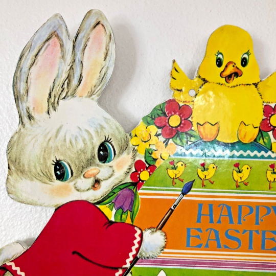 Vintage 1960s Wooden Die Cut Easter Wall Hanging for Child Friendly Easter Decoration