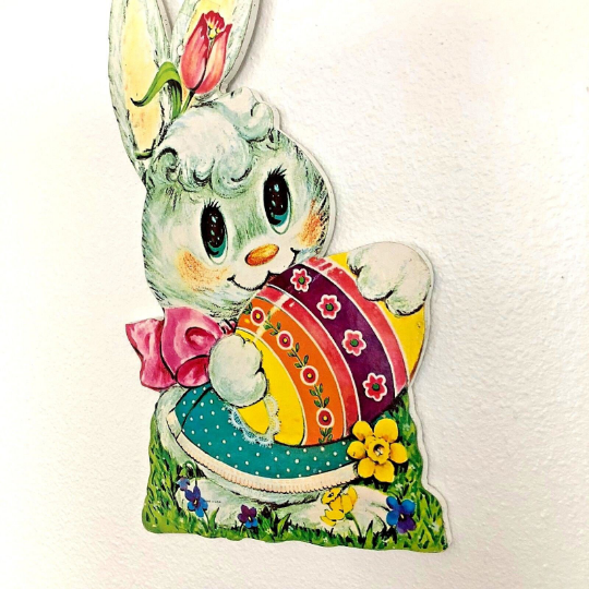 Vintage 1960s Wooden Die Cut Easter Rabbit with Egg Wall Hanging