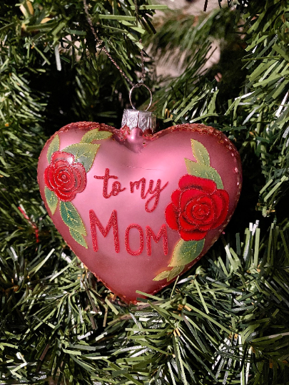 Mom Pink Heart Glass Christmas Ornament