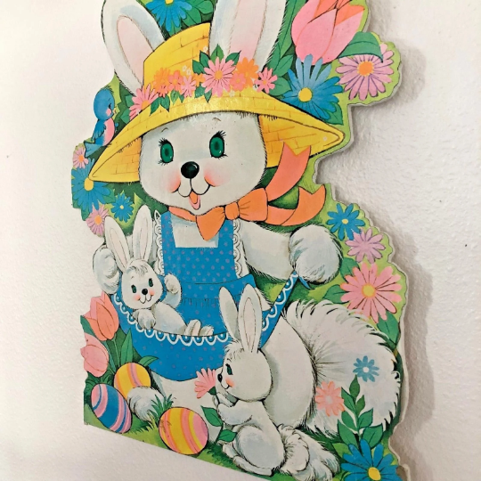 Vintage 1970s Wooden Die Cut Easter Bunnies Wall Hanging