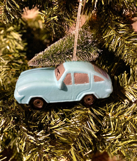Blue Car with Christmas Bottlebrush Tree Ornament