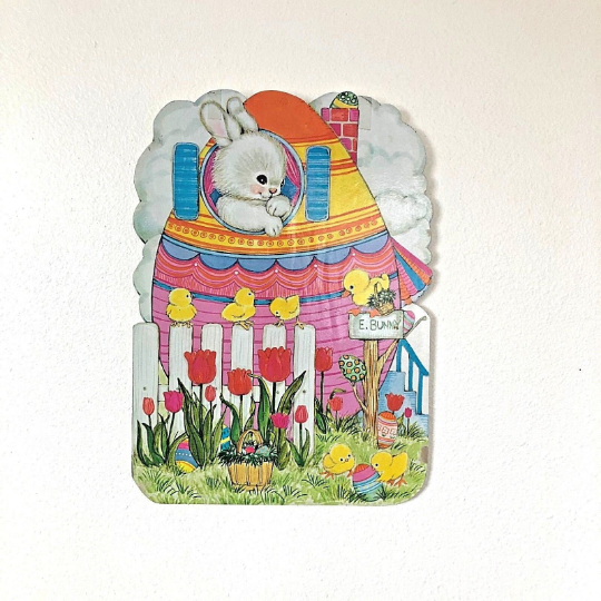 Vintage 1970s Wooden Die Cut Easter Wall Hanging Cute Rabbit in Colorful Egg Shaped House