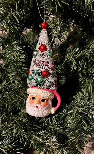 Santa Head Mug with Bottlebrush Christmas Tree Ornament