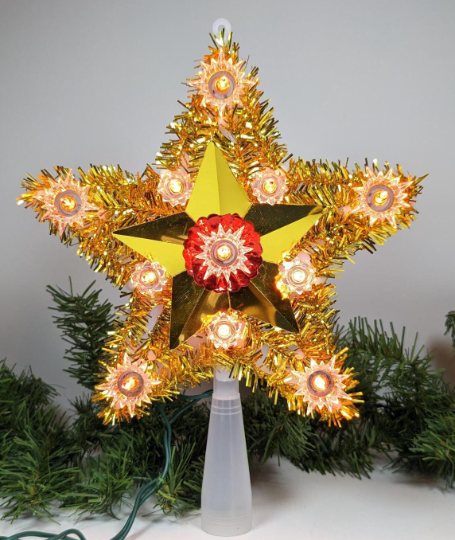 Gold Tinsel Star Light Up Christmas Tree Topper