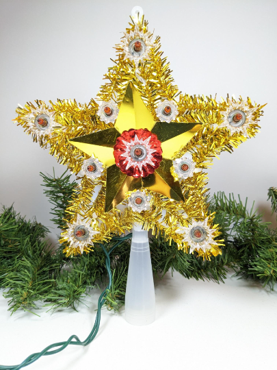 Gold Tinsel Star Light Up Christmas Tree Topper