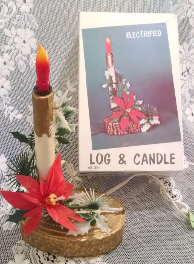 Vintage Log & Candle Christmas Electric Candle