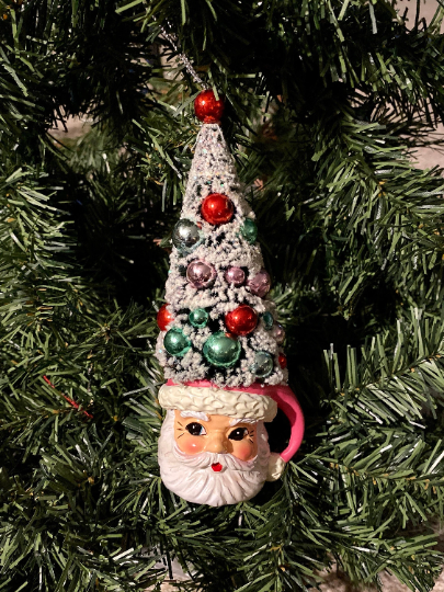 Santa Head Mug with Bottlebrush Christmas Tree Ornament