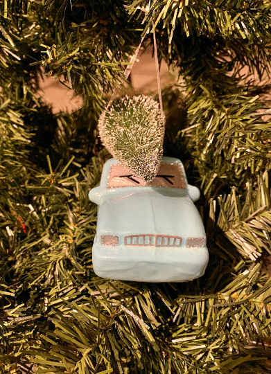 Blue Car with Christmas Bottlebrush Tree Ornament