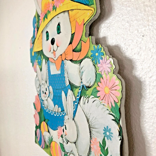 Vintage 1970s Wooden Die Cut Easter Bunnies Wall Hanging