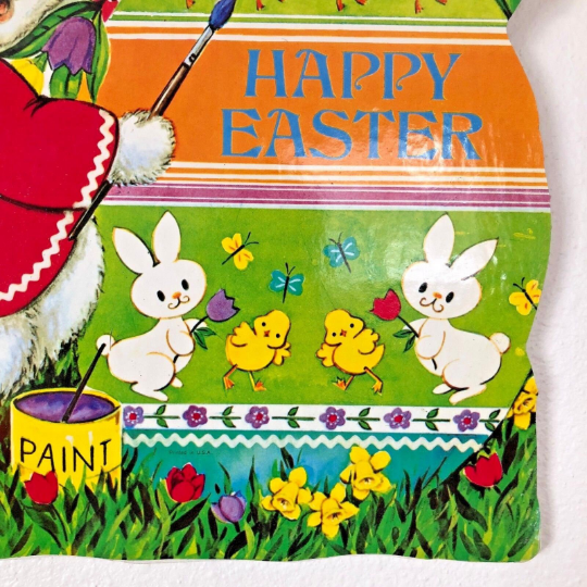 Vintage 1960s Wooden Die Cut Easter Wall Hanging for Child Friendly Easter Decoration