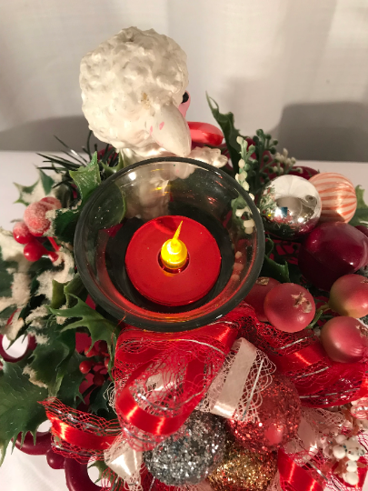 Vintage Lamb Christmas Centerpiece with Candle