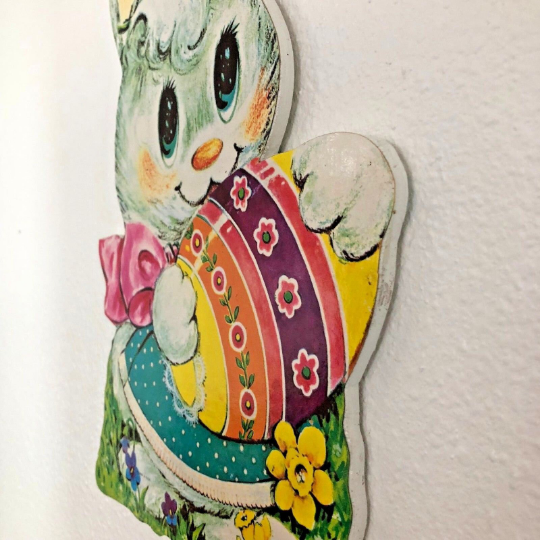 Vintage 1960s Wooden Die Cut Easter Rabbit with Egg Wall Hanging