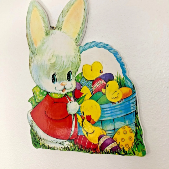 Vintage 1960s Wooden Die Cut Easter Basket Wall Hanging