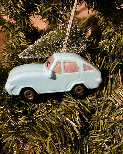 Blue Car with Christmas Bottlebrush Tree Ornament