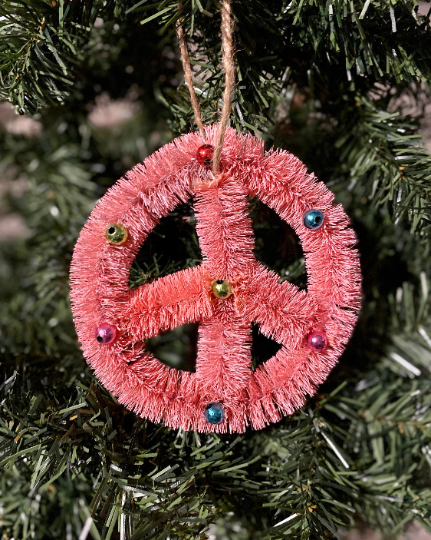 Pink Peace Sign Bottlebrush Christmas Ornament