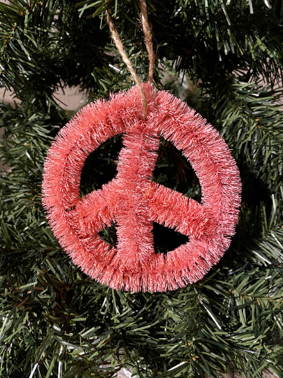 Pink Peace Sign Bottlebrush Christmas Ornament