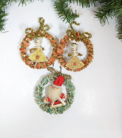 Vintage Chenille Pipe Cleaner Wreath Ornaments