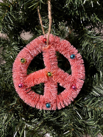 Pink Peace Sign Bottlebrush Christmas Ornament