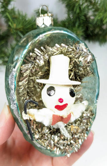 Vintage Mercury Glass Snowman Diorama Christmas Ornament