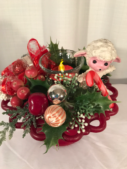 Vintage Lamb Christmas Centerpiece with Candle