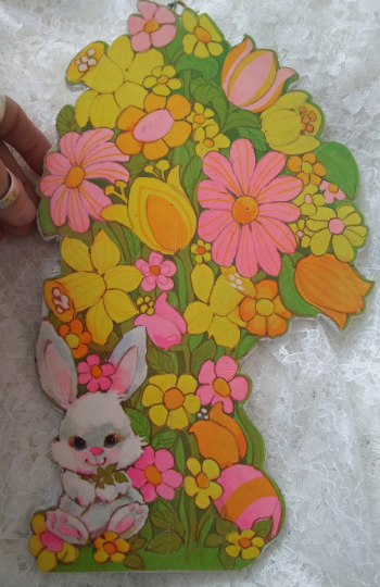 Vintage 1960s Wooden Die Cut Easter Rabbit Wall Hanging