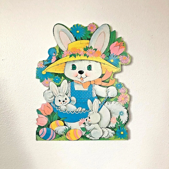 Vintage 1970s Wooden Die Cut Easter Bunnies Wall Hanging