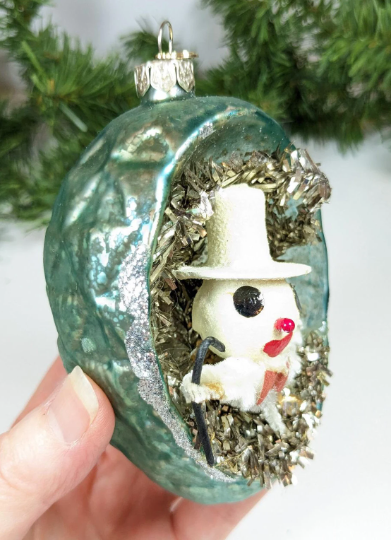 Vintage Mercury Glass Snowman Diorama Christmas Ornament