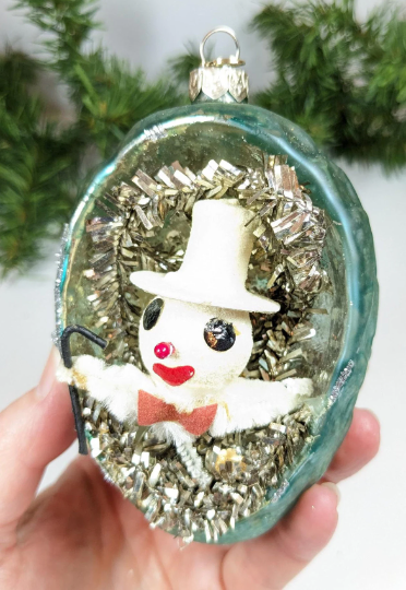 Vintage Mercury Glass Snowman Diorama Christmas Ornament