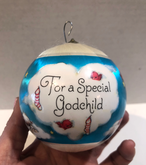 Vintage 1981 Precious Moments For a Special Godchild Satin Christmas Ornament