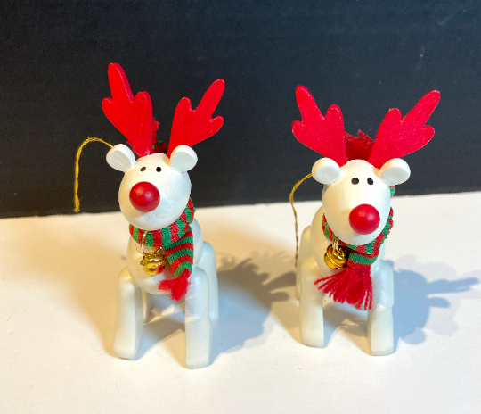 Vintage Wooden Red Nosed Reindeer Christmas Ornaments