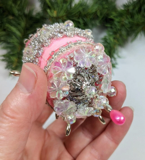 Vintage Pink Beaded Pushpin Christmas Ornament