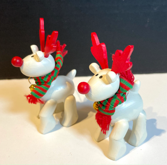 Vintage Wooden Red Nosed Reindeer Christmas Ornaments