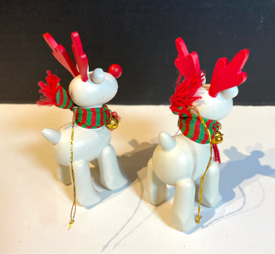 Vintage Wooden Red Nosed Reindeer Christmas Ornaments